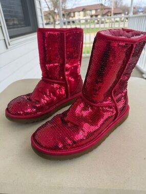 UGG Sequin Sparkle Pink Mid-Calf Boots Limited Holiday Edition Size 6